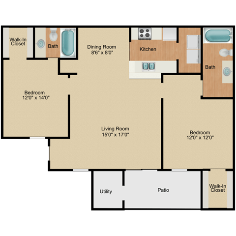 Floor plan for 2 beds, 2 baths, 964 sqft